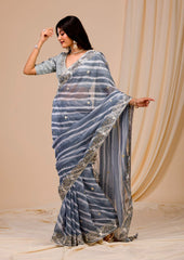 Outstanding Embroidery Work Grey Color Digital Print Saree