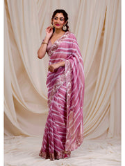 Outstanding Embroidery Work Pink Color Digital Print Saree