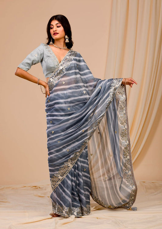 Outstanding Embroidery Work Grey Color Digital Print Saree