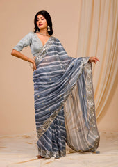 Outstanding Embroidery Work Grey Color Digital Print Saree