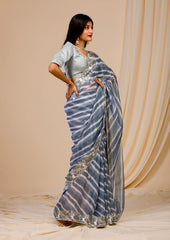 Outstanding Embroidery Work Grey Color Digital Print Saree