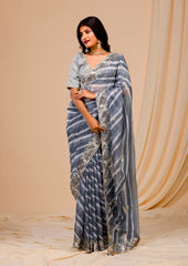 Outstanding Embroidery Work Grey Color Digital Print Saree