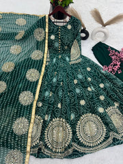 Delightfu Embroidery Sequence Work Green Color Gown