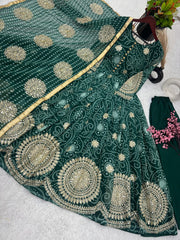 Delightfu Embroidery Sequence Work Green Color Gown