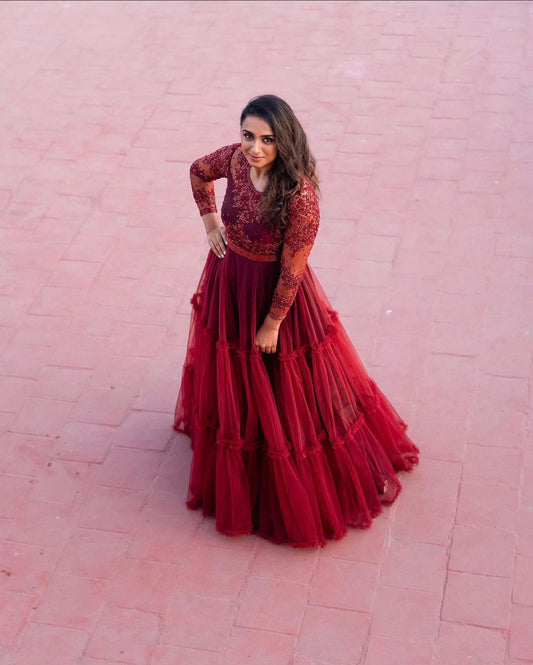 Captivating Embroidery Work Red Color Ruffle Flyer Long Gown