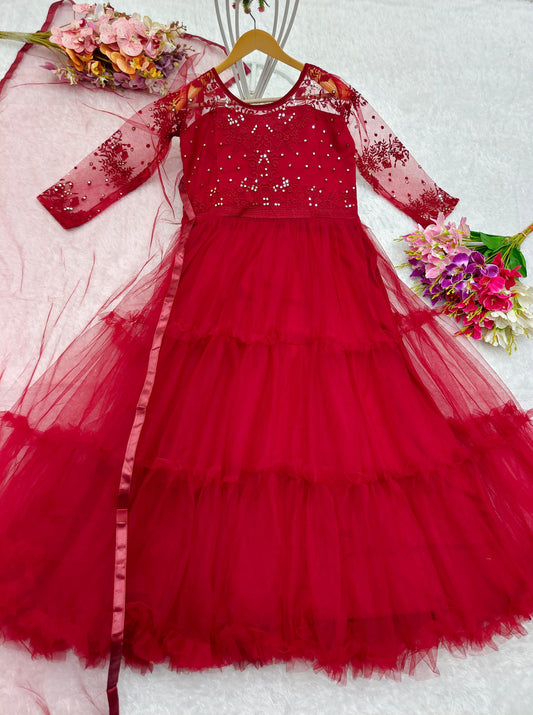 Captivating Embroidery Work Red Color Ruffle Flyer Long Gown