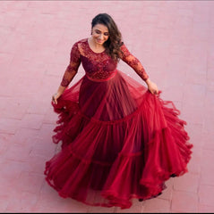 Captivating Embroidery Work Red Color Ruffle Flyer Long Gown