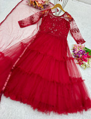 Captivating Embroidery Work Red Color Ruffle Flyer Long Gown