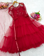 Captivating Embroidery Work Red Color Ruffle Flyer Long Gown