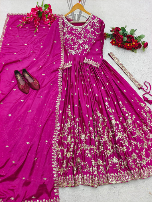 Classy Embroidery Work Pink Color Gown