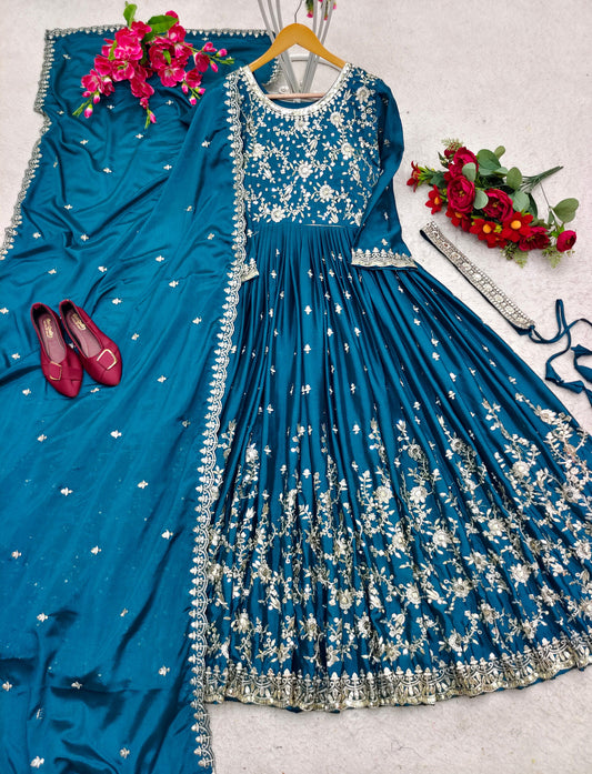 Classy Embroidery Work Teal Color Gown