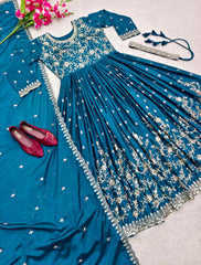 Classy Embroidery Work Teal Color Gown