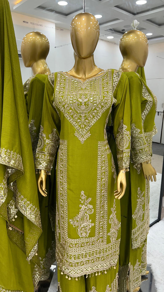 Luxuriant Embroidery Work Green Color Anrakali Suit