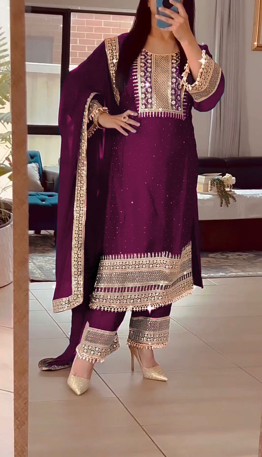 Outstanding Embroidery Sequence Work Purple Color Anarkali Suit