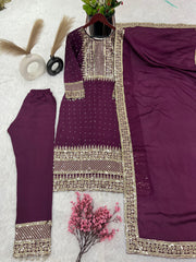 Outstanding Embroidery Sequence Work Purple Color Anarkali Suit