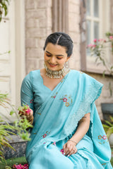 Stunning Sky Blue Color Soft Cotton Tussar Saree