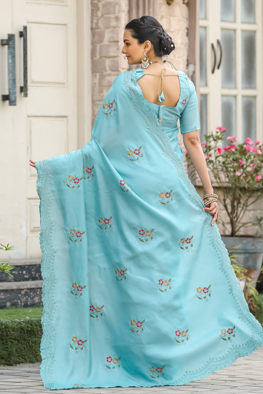 Stunning Sky Blue Color Soft Cotton Tussar Saree