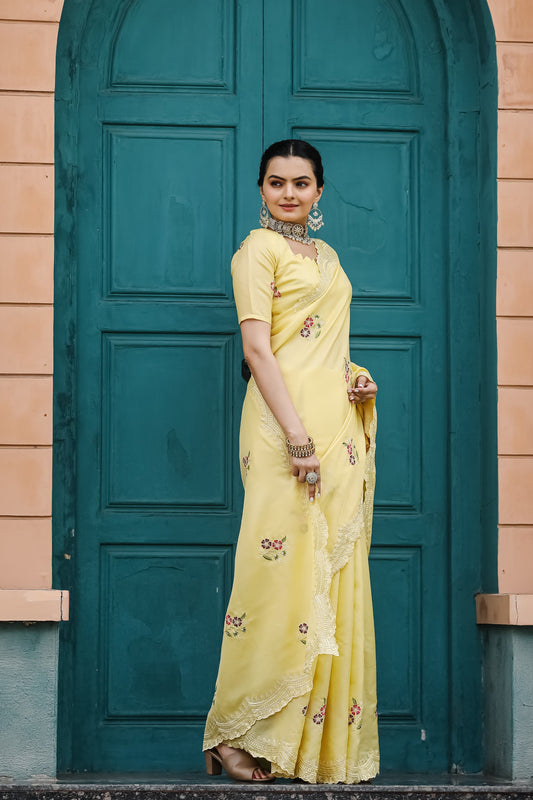 Stunning Yellow Color Soft Cotton Tussar Saree