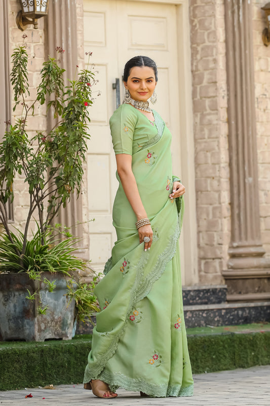 Stunning Light Green Color Soft Cotton Tussar Saree