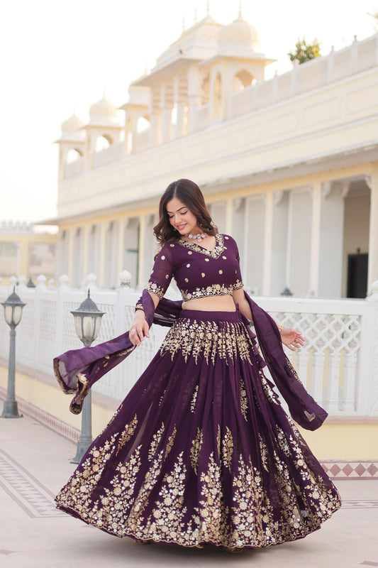 Embellished Embroidered Work Wine Color Lehenga Choli