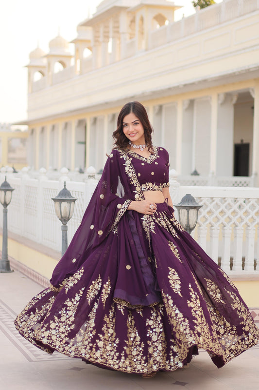 Embellished Embroidered Work Wine Color Lehenga Choli