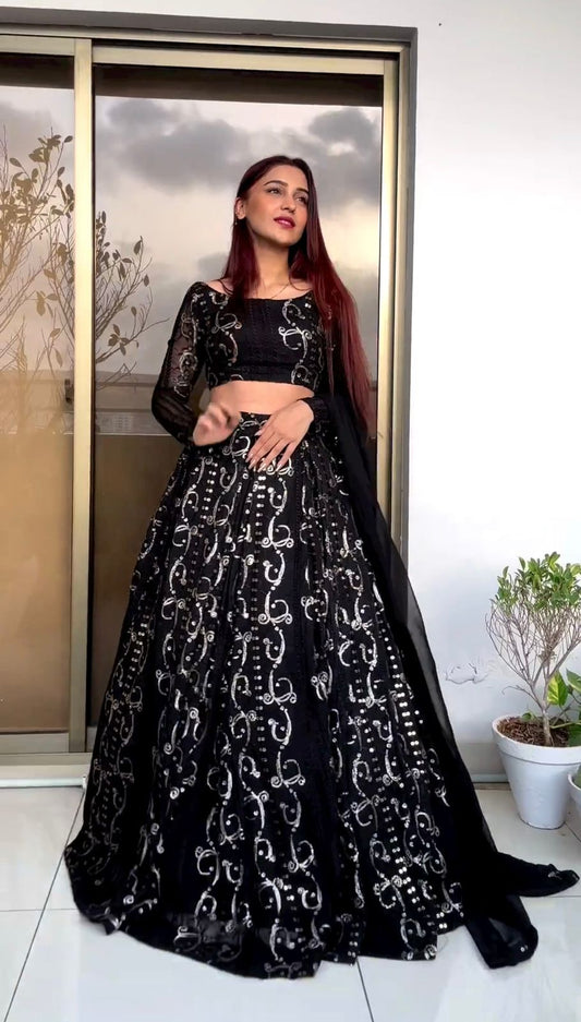 Embellished Thread With Sequence Work Black Color Lehenga Choli