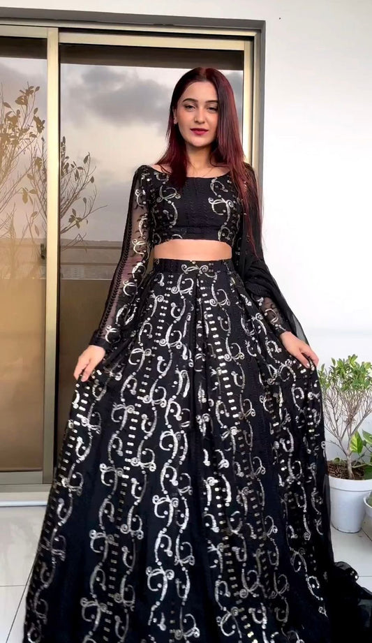 Embellished Thread With Sequence Work Black Color Lehenga Choli