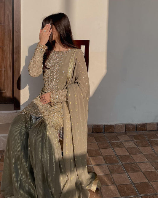 Classic Embroidery Work Grey Color Sharara Suit