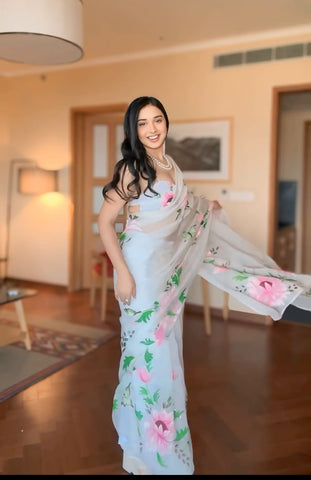 Embellished White Color Flower Digital Print Ready To Wear Saree