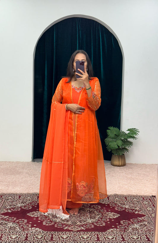 Embellished Embroidery Work Orange Color Palazzo Suit