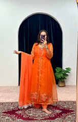 Embellished Embroidery Work Orange Color Palazzo Suit