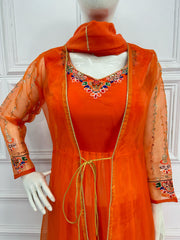 Embellished Embroidery Work Orange Color Palazzo Suit