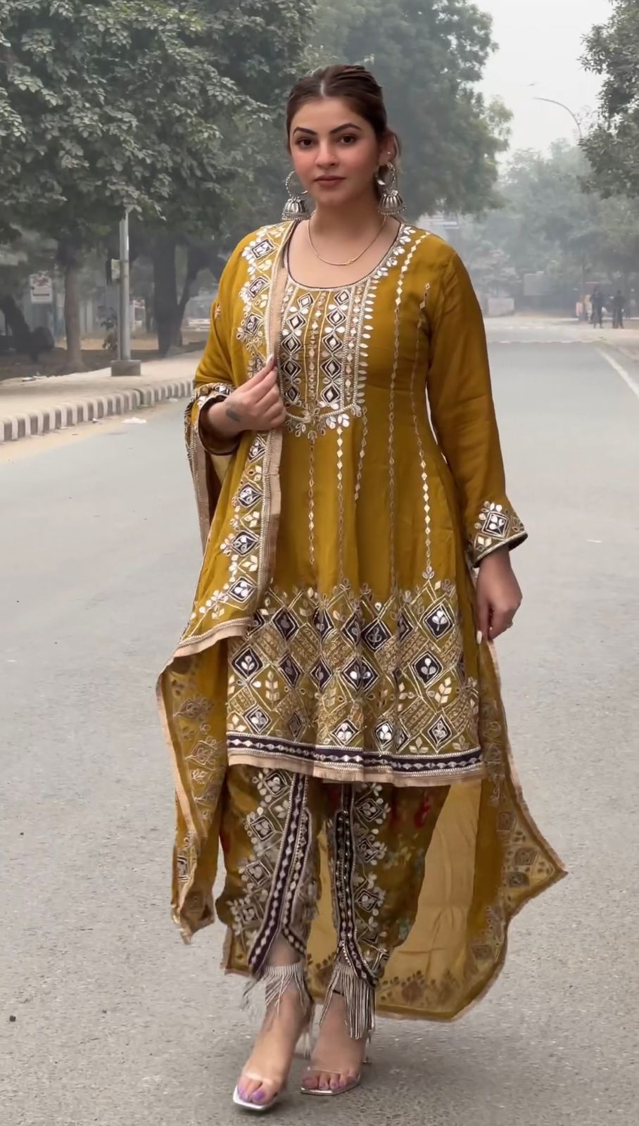 Punjabi Style Sequence With Thread Work Mustard Color Dhoti Suit