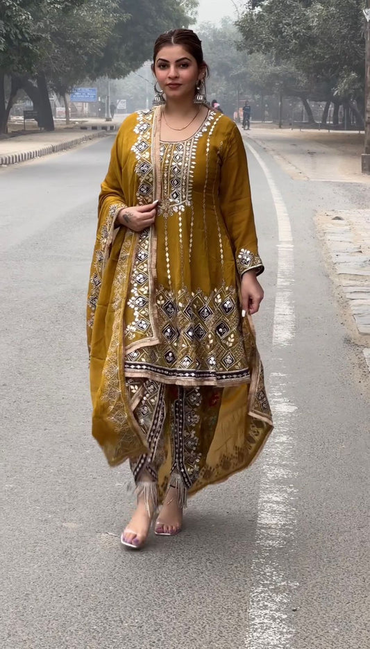 Punjabi Style Sequence With Thread Work Mustard Color Dhoti Suit