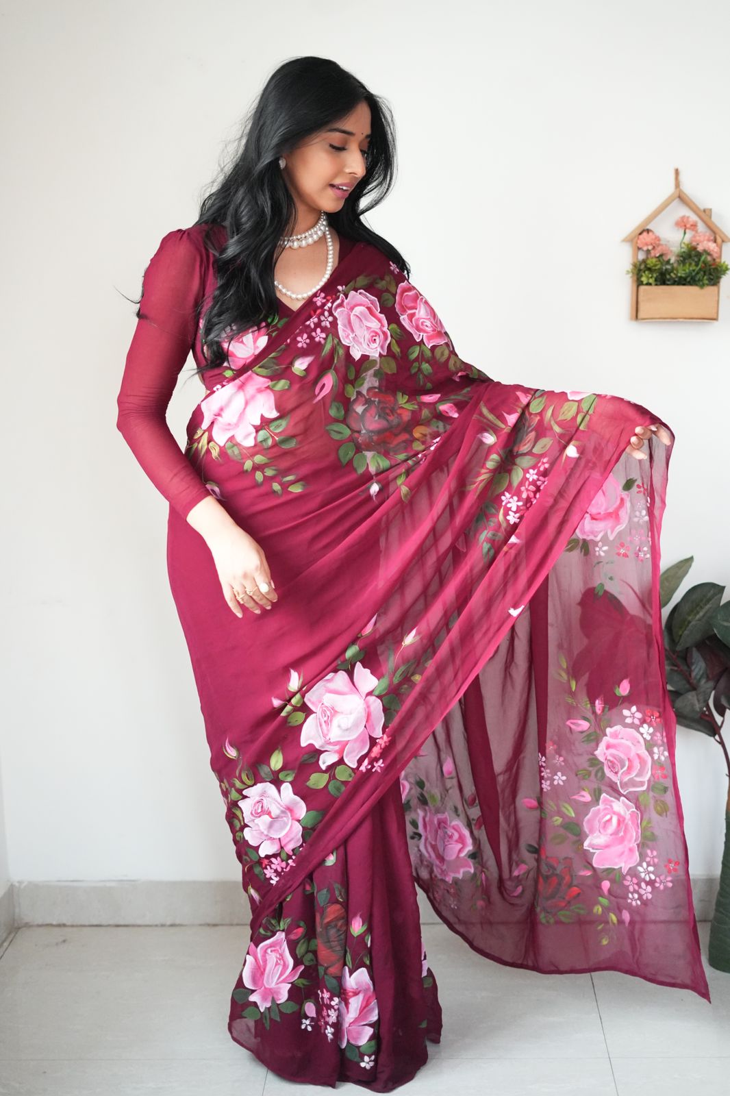 Shining Maroon Color Flower Design Ready To Wear Saree