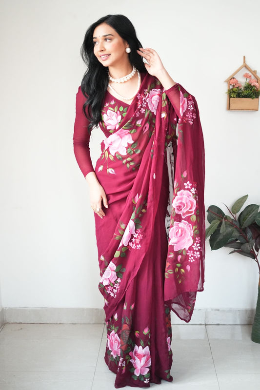 Shining Maroon Color Flower Design Ready To Wear Saree