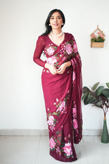 Shining Maroon Color Flower Design Ready To Wear Saree