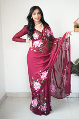 Shining Maroon Color Flower Design Ready To Wear Saree