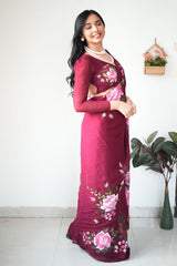 Shining Maroon Color Flower Design Ready To Wear Saree