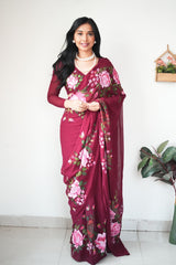 Shining Maroon Color Flower Design Ready To Wear Saree