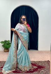 Mesmerizing Embroidery Work Sky Blue Color Saree