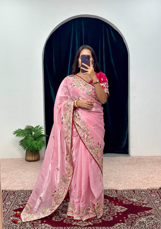 Mesmerizing Embroidery Work Pink Color Saree