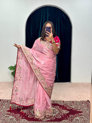 Mesmerizing Embroidery Work Pink Color Saree