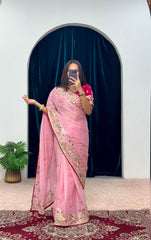 Mesmerizing Embroidery Work Pink Color Saree