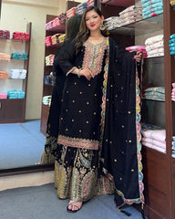 Captivating Embroidery Sequence Work Black Color Sharara Suit