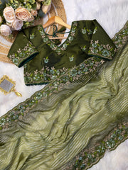 Fabulous Embroidery Sequences Work Green Color Saree