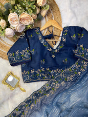 Fabulous Embroidery Sequences Work Blue Color Saree