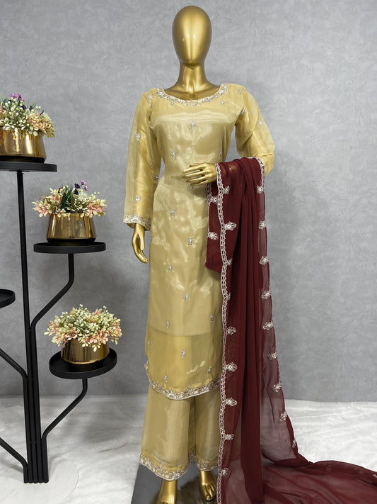 Glimmering Sequences Work Gold Color Anarkali Suit