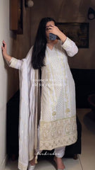 Shining Embroidery Work White Color Anarkali Suit