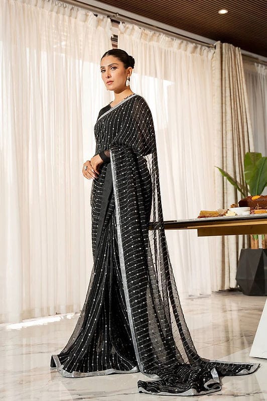 Mesmerizing Sequence Work Black Color Saree